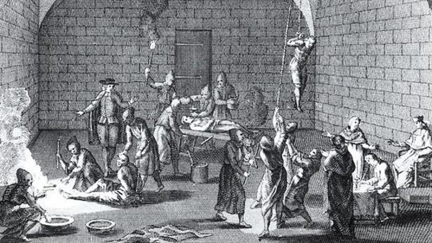 Lámina de torturas «inventadas por Bernard Picart en el siglo XVII», según escribe García del Junco en su libro